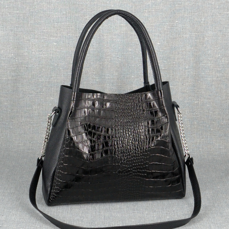 Шкіряна сумка Milano 01, чорна з тисненням під крокодила